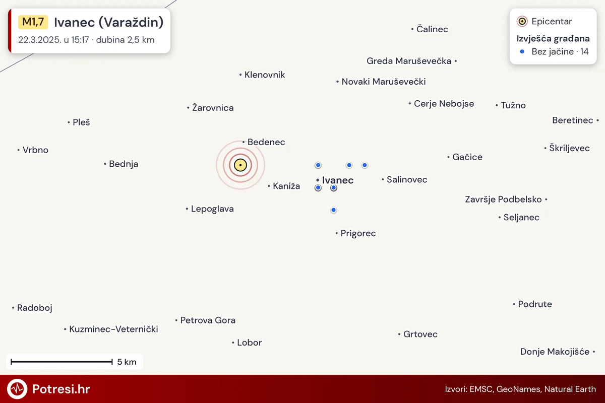 Karta: izvješća građana po jačini, potres M1,7, Ivanec (Varaždin), 22.3.2025.