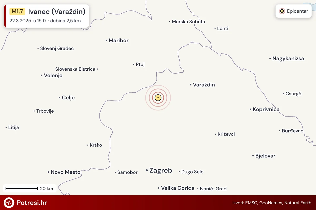 Karta: šire područje i vjerojatni doseg osjeta, potres M1,7, Ivanec (Varaždin), 22.3.2025.