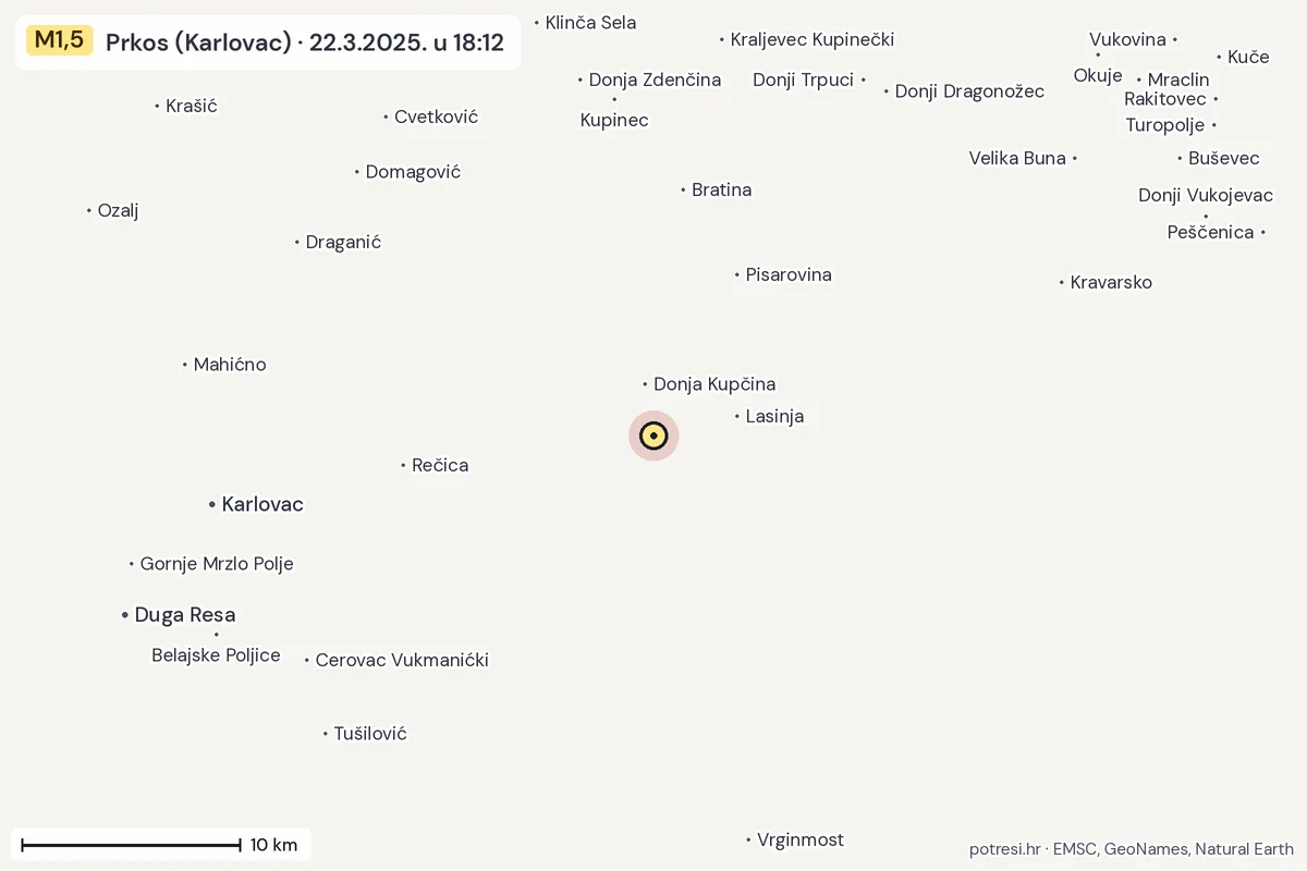 Karta: okolica epicentra, 60 km, potres M1,5, Prkos (Karlovac), 22.3.2025.