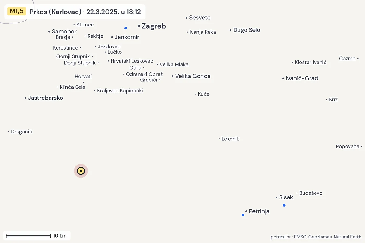 Karta: izvješća građana, potres M1,5, Prkos (Karlovac), 22.3.2025.