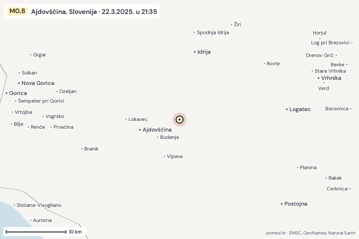 Karta: okolica epicentra, 60 km, potres M0,8, Ajdovščina, Slovenija, 22.3.2025.