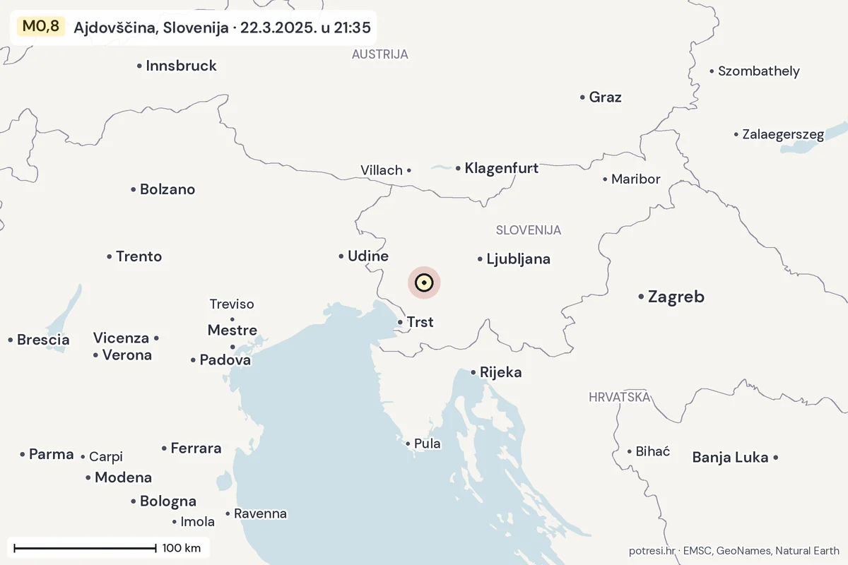 Karta: šire područje, 600 km, potres M0,8, Ajdovščina, Slovenija, 22.3.2025.
