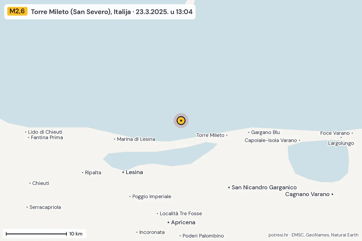 Karta: okolica epicentra, 60 km, potres M2,6, Torre Mileto (San Severo), Italija, 23.3.2025.