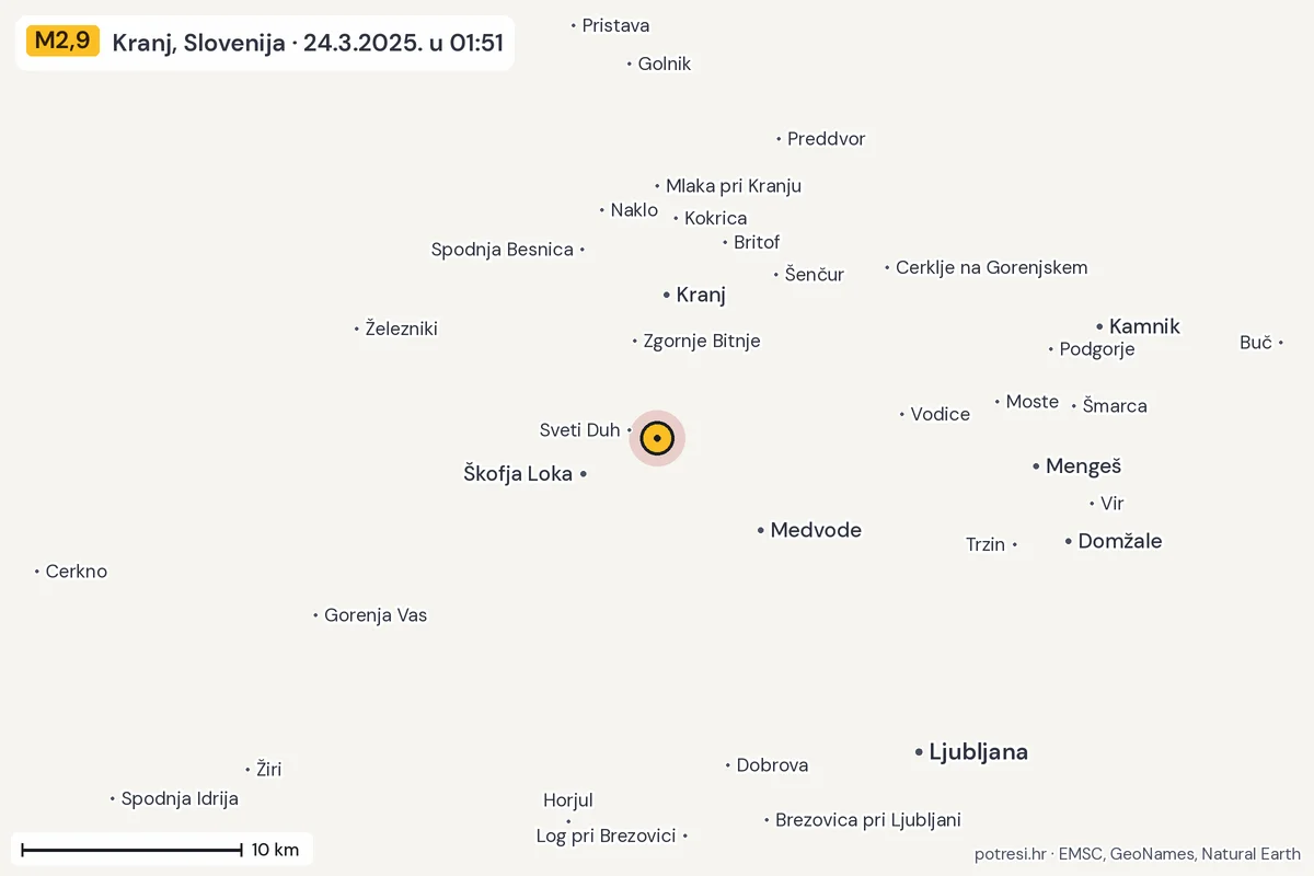 Karta: okolica epicentra, 60 km, potres M2,9, Kranj, Slovenija, 24.3.2025.
