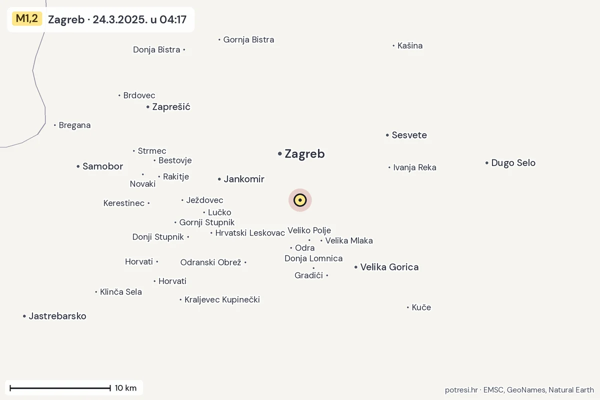 Karta: okolica epicentra, 60 km, potres M1,2, Zagreb, 24.3.2025.