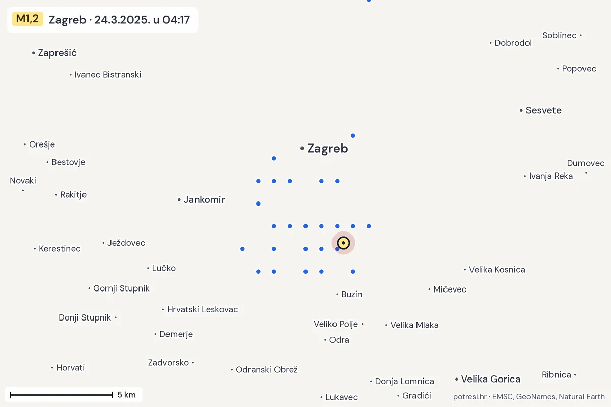 Karta: izvješća građana, potres M1,2, Zagreb, 24.3.2025.