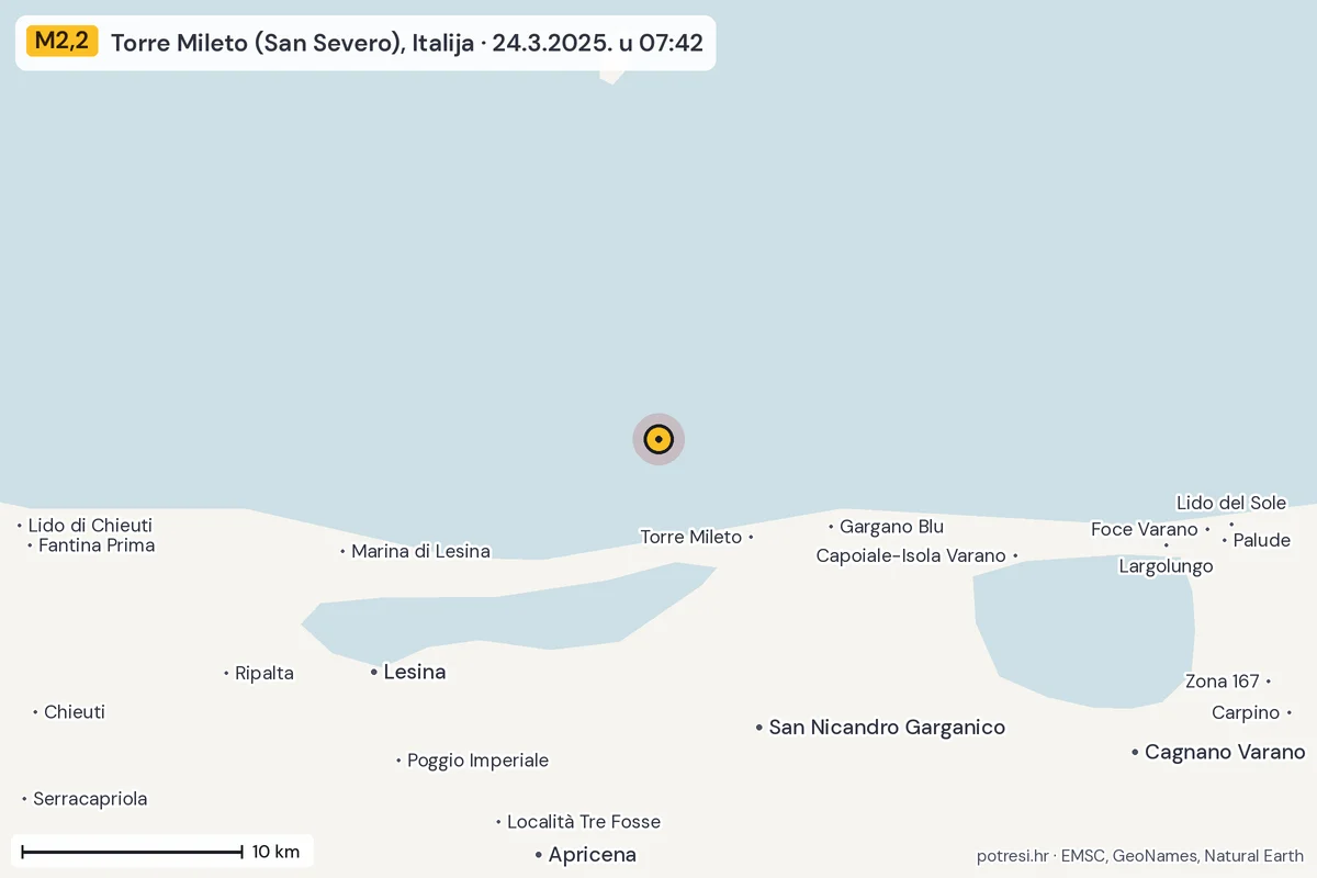 Karta: okolica epicentra, 60 km, potres M2,2, Torre Mileto (San Severo), Italija, 24.3.2025.
