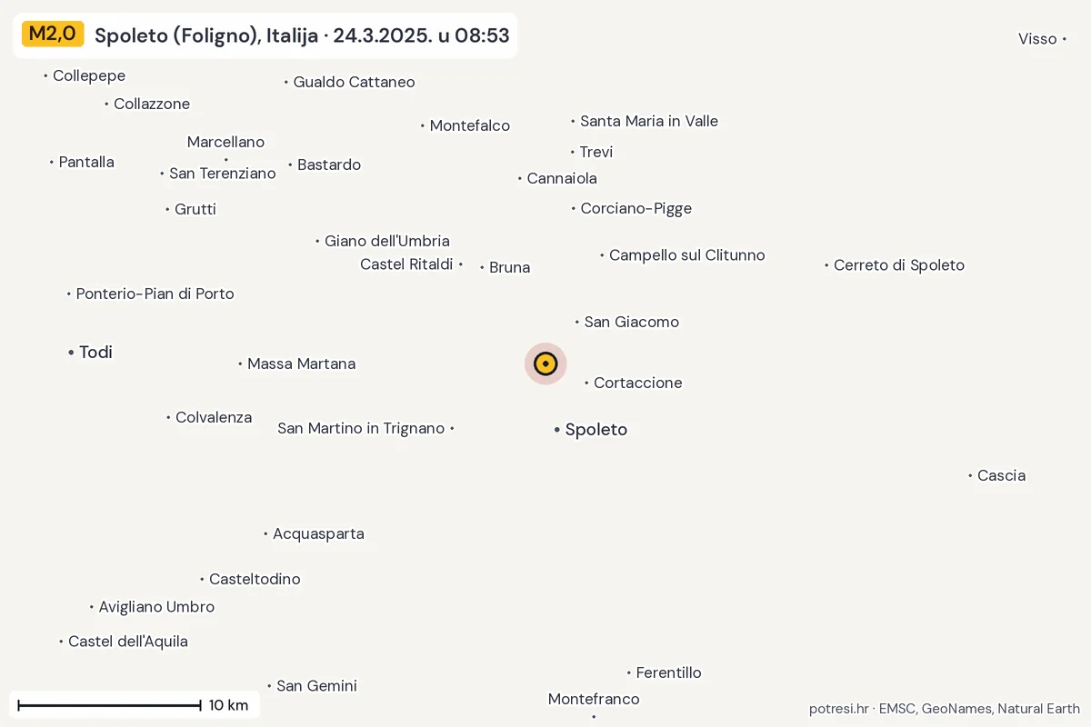 Karta: okolica epicentra, 60 km, potres M2,0, Spoleto (Foligno), Italija, 24.3.2025.
