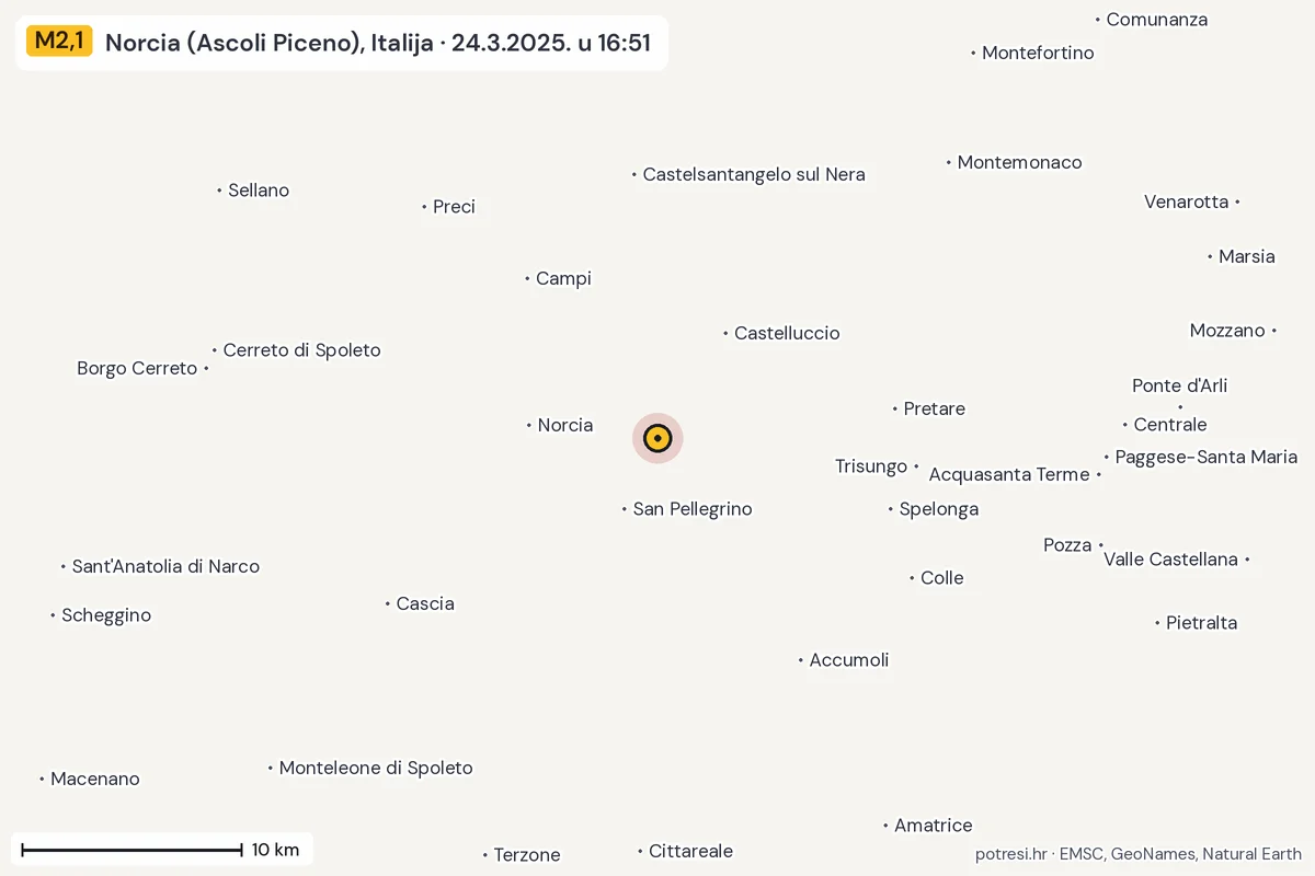 Karta: okolica epicentra, 60 km, potres M2,1, Norcia (Ascoli Piceno), Italija, 24.3.2025.