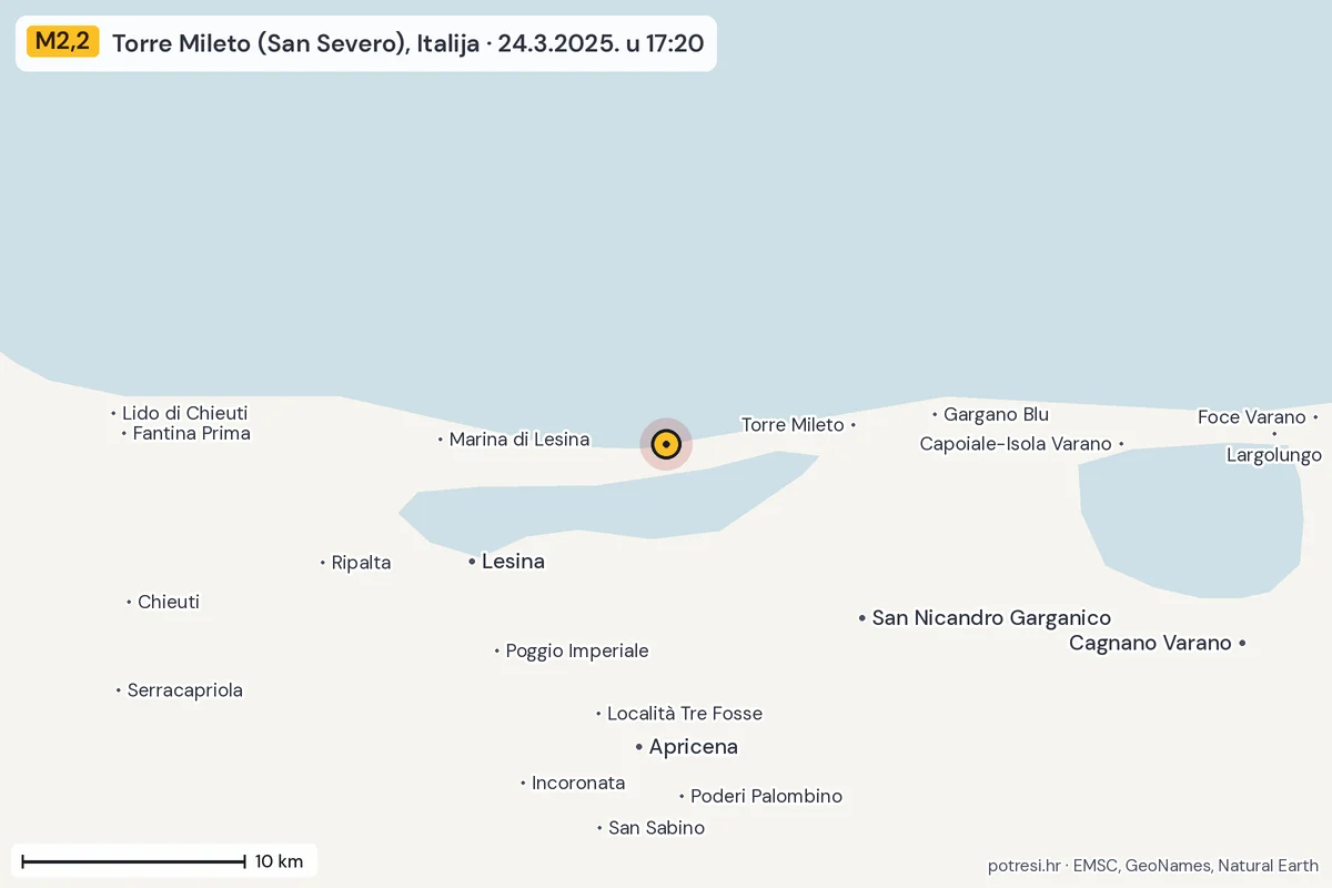 Karta: okolica epicentra, 60 km, potres M2,2, Torre Mileto (San Severo), Italija, 24.3.2025.