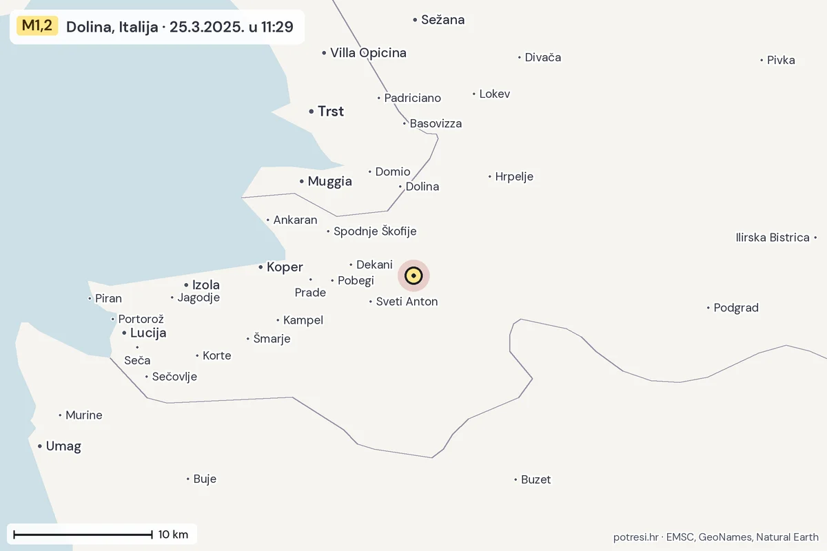 Karta: okolica epicentra, 60 km, potres M1,2, Dolina, Italija, 25.3.2025.