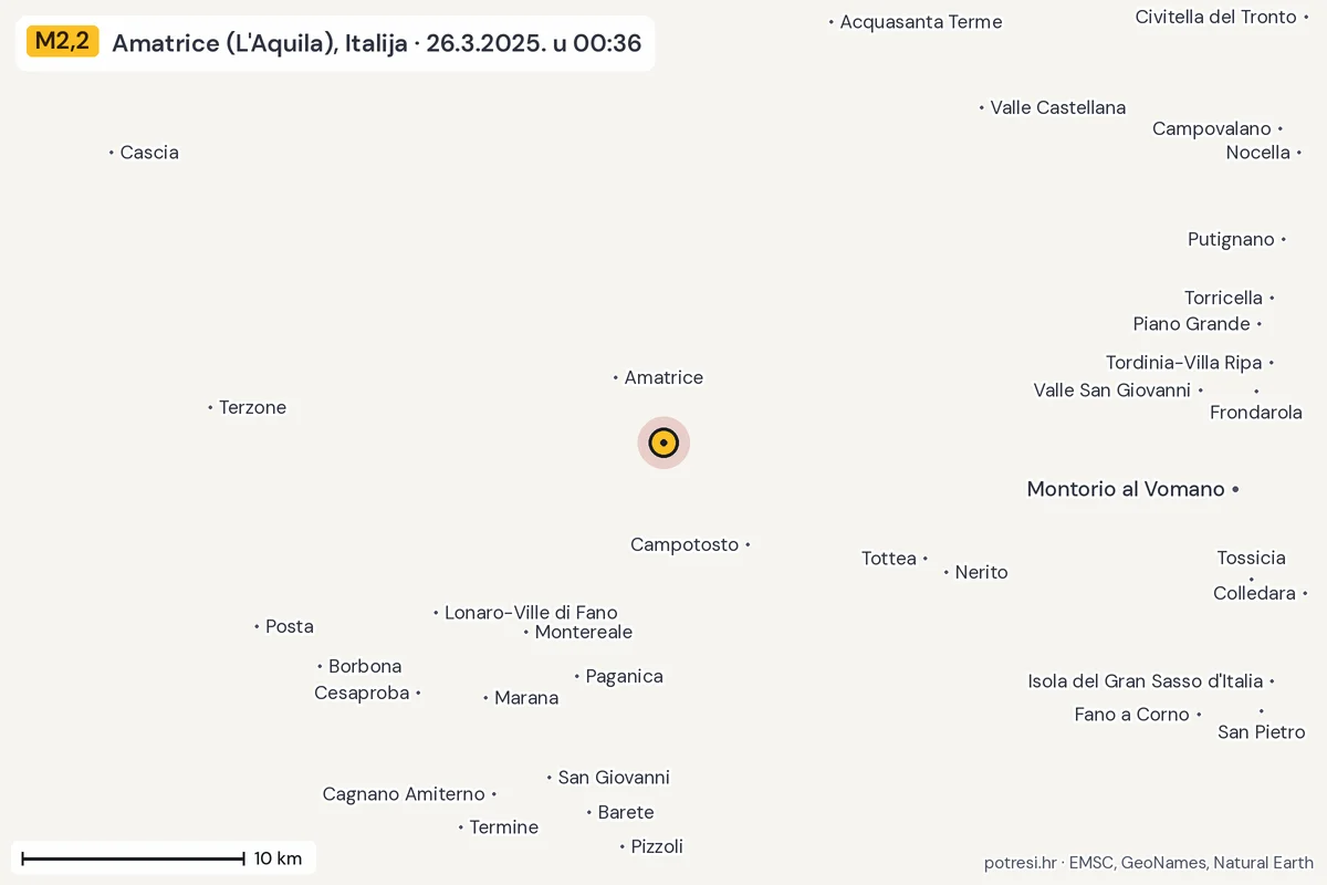 Karta: okolica epicentra, 60 km, potres M2,2, Amatrice (L'Aquila), Italija, 26.3.2025.