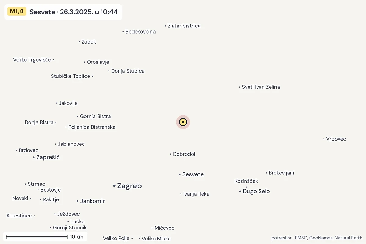 Karta: okolica epicentra, 60 km, potres M1,4, Sesvete, 26.3.2025.