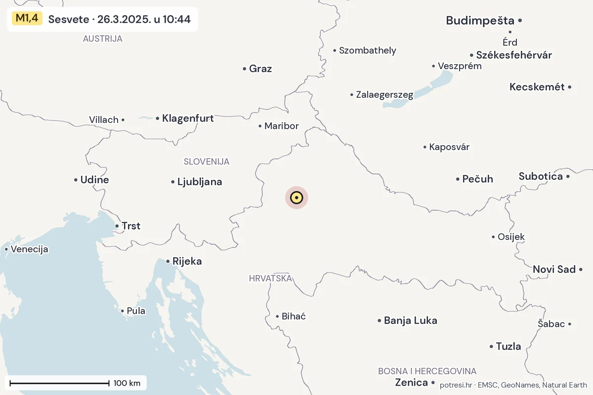 Karta: šire područje, 600 km, potres M1,4, Sesvete, 26.3.2025.