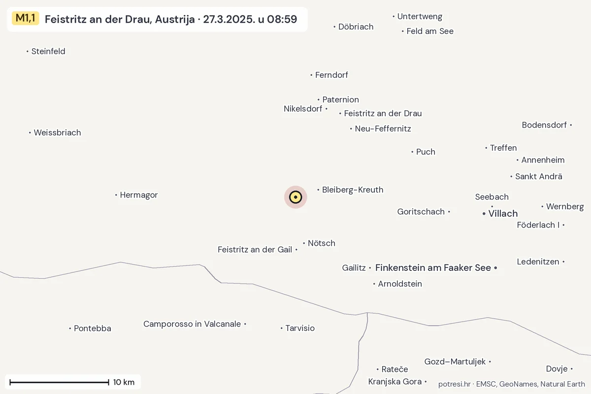 Karta: okolica epicentra, 60 km, potres M1,1, Feistritz an der Drau, Austrija, 27.3.2025.