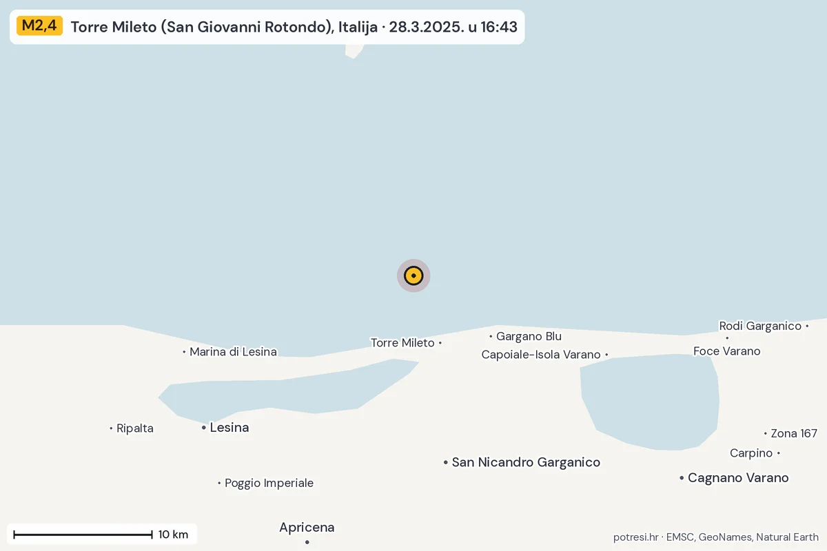 Karta: okolica epicentra, 60 km, potres M2,4, Torre Mileto (San Giovanni Rotondo), Italija, 28.3.2025.