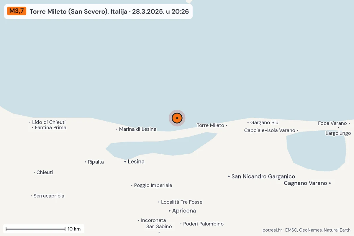 Karta: okolica epicentra, 60 km, potres M3,7, Torre Mileto (San Severo), Italija, 28.3.2025.
