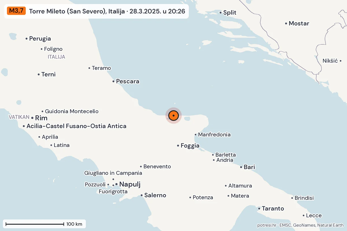 Karta: šire područje, 600 km, potres M3,7, Torre Mileto (San Severo), Italija, 28.3.2025.