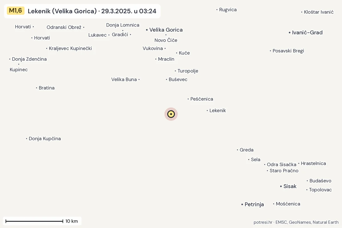 Karta: okolica epicentra, 60 km, potres M1,6, Lekenik (Velika Gorica), 29.3.2025.