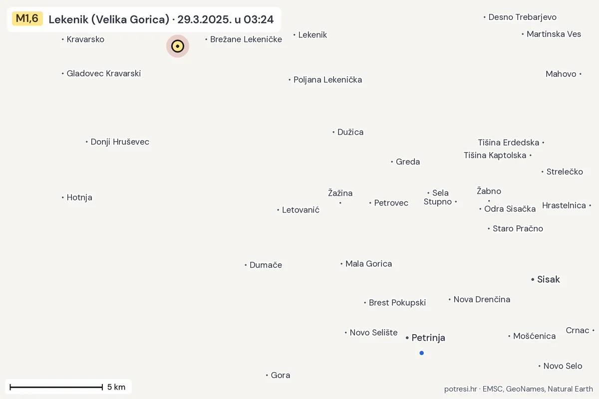 Karta: izvješća građana, potres M1,6, Lekenik (Velika Gorica), 29.3.2025.