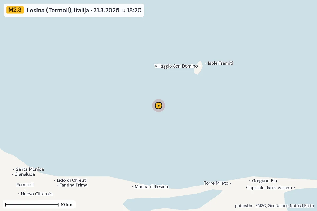 Karta: okolica epicentra, 60 km, potres M2,3, Lesina (Termoli), Italija, 31.3.2025.