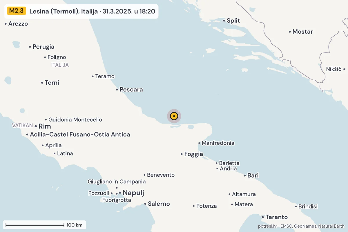 Karta: šire područje, 600 km, potres M2,3, Lesina (Termoli), Italija, 31.3.2025.