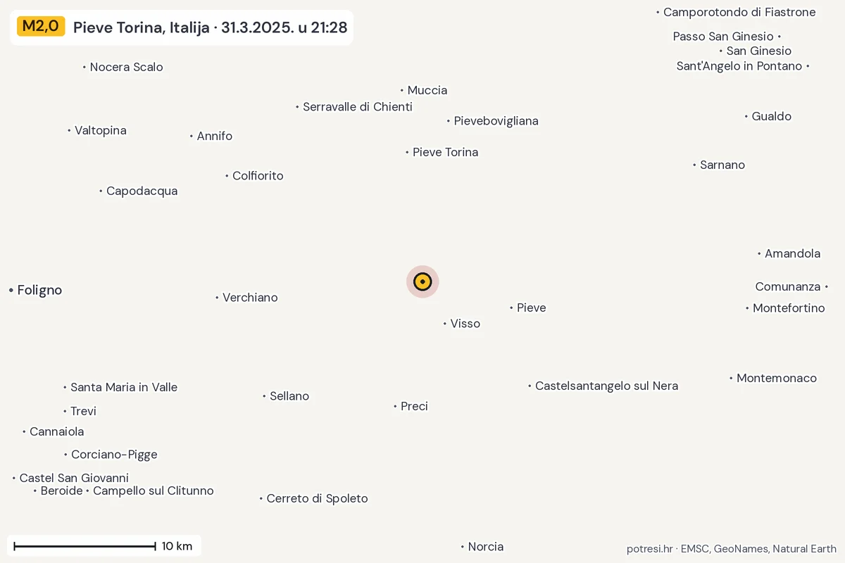 Karta: okolica epicentra, 60 km, potres M2,0, Pieve Torina, Italija, 31.3.2025.