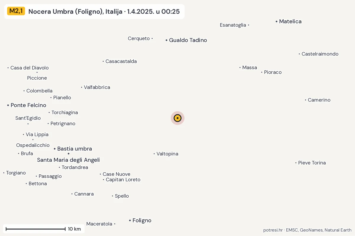 Karta: okolica epicentra, 60 km, potres M2,1, Nocera Umbra (Foligno), Italija, 1.4.2025.