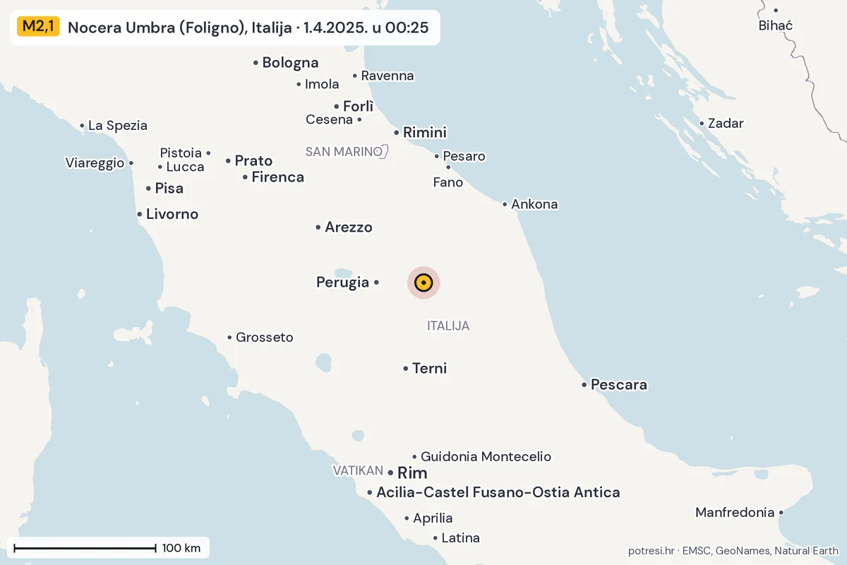 Karta: šire područje, 600 km, potres M2,1, Nocera Umbra (Foligno), Italija, 1.4.2025.