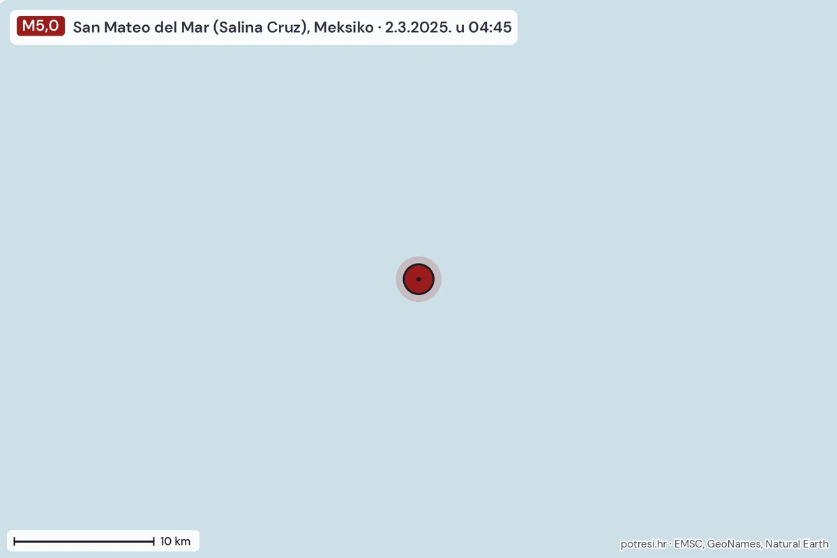 Karta: okolica epicentra, 60 km, potres M5,0, San Mateo del Mar (Salina Cruz), Meksiko, 2.3.2025.