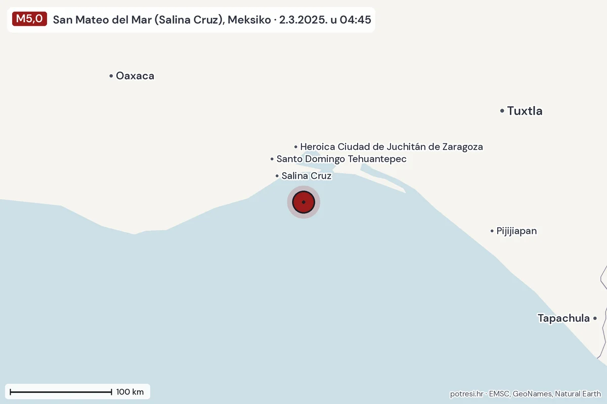 Karta: šire područje, 600 km, potres M5,0, San Mateo del Mar (Salina Cruz), Meksiko, 2.3.2025.