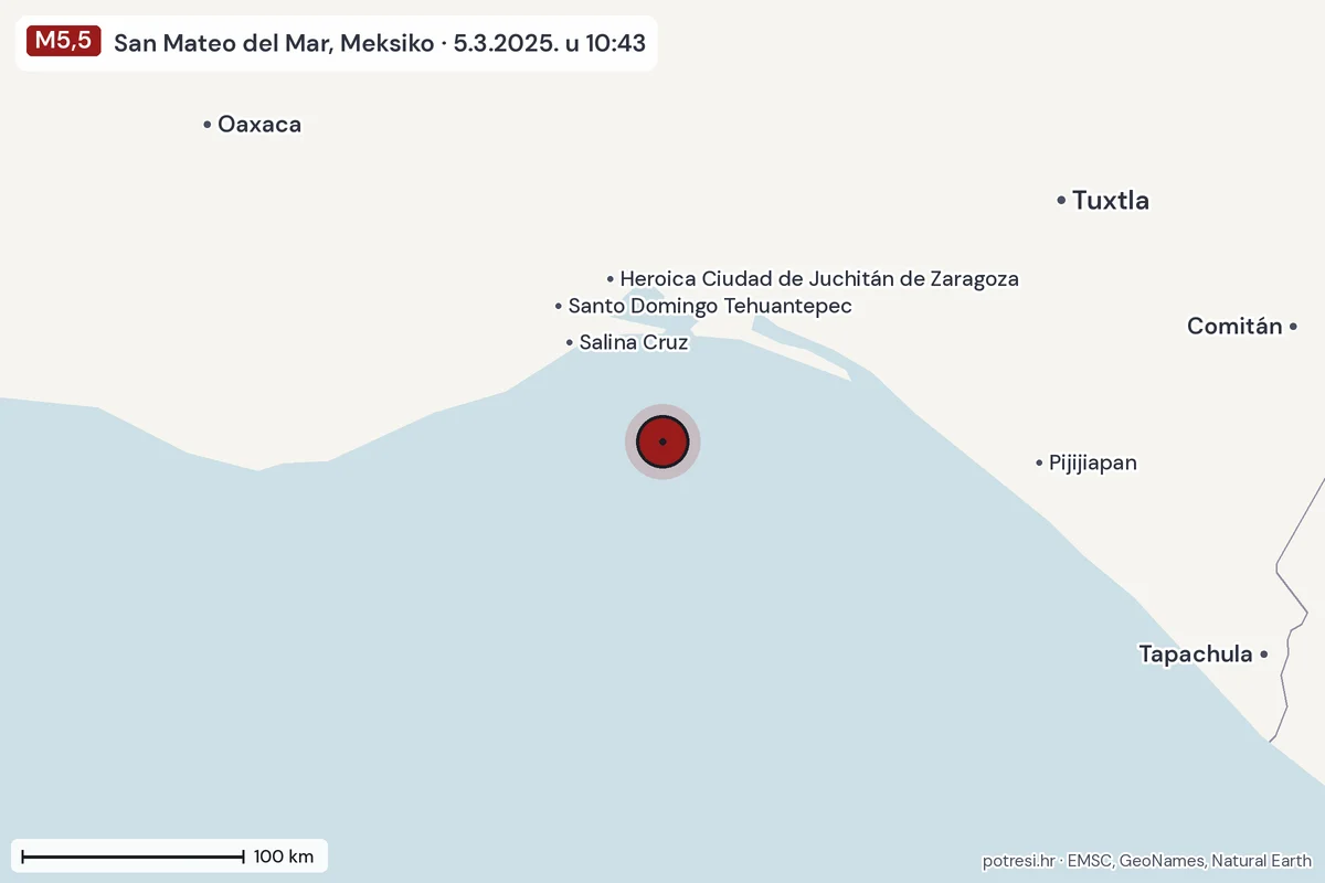Karta: šire područje, 600 km, potres M5,5, San Mateo del Mar, Meksiko, 5.3.2025.