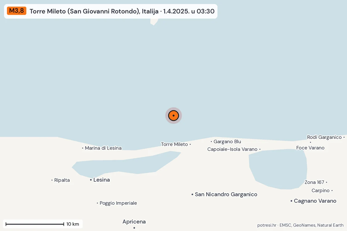 Karta: okolica epicentra, 60 km, potres M3,8, Torre Mileto (San Giovanni Rotondo), Italija, 1.4.2025.