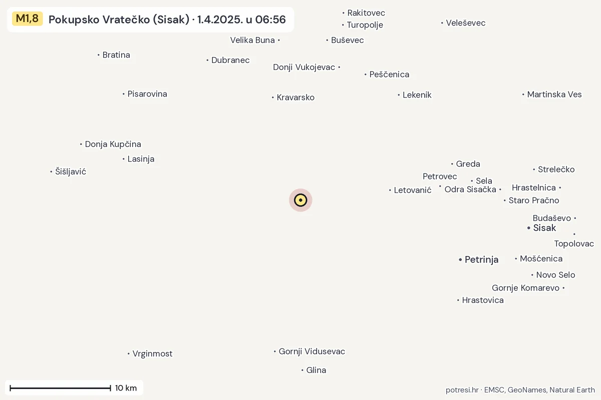 Karta: okolica epicentra, 60 km, potres M1,8, Pokupsko Vratečko (Sisak), 1.4.2025.