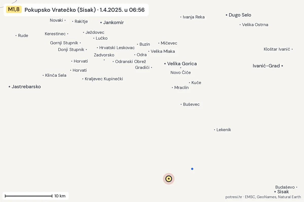 Karta: izvješća građana, potres M1,8, Pokupsko Vratečko (Sisak), 1.4.2025.