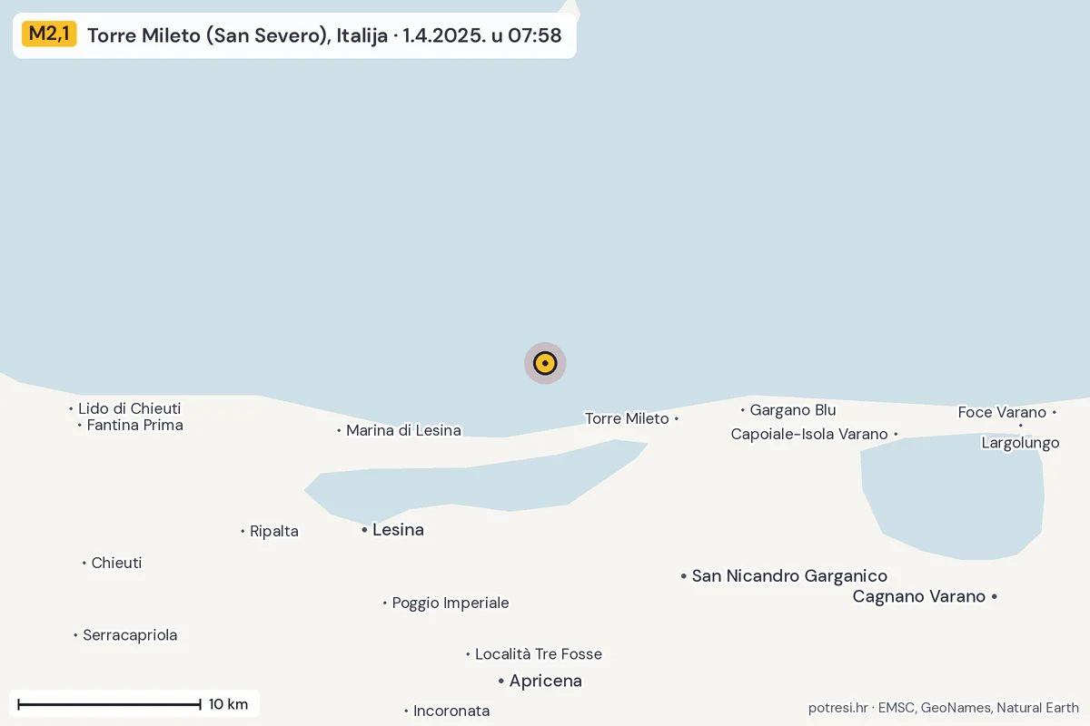 Karta: okolica epicentra, 60 km, potres M2,1, Torre Mileto (San Severo), Italija, 1.4.2025.