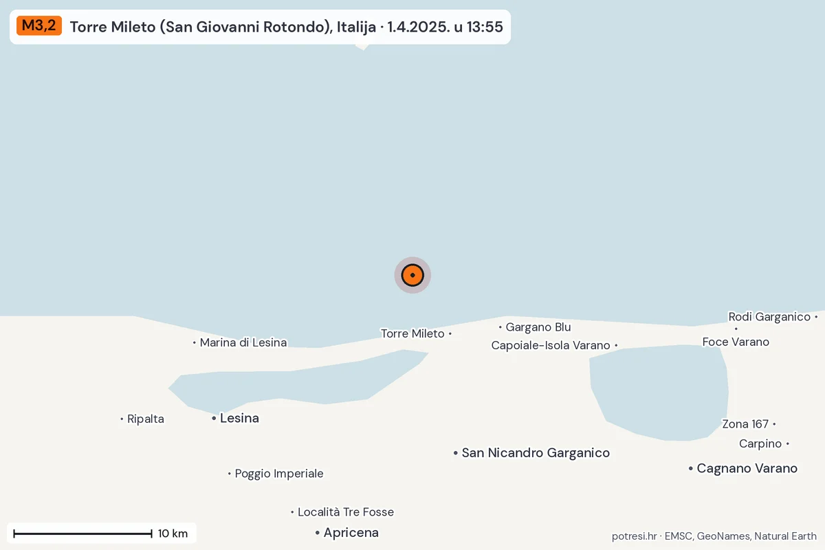 Karta: okolica epicentra, 60 km, potres M3,2, Torre Mileto (San Giovanni Rotondo), Italija, 1.4.2025.