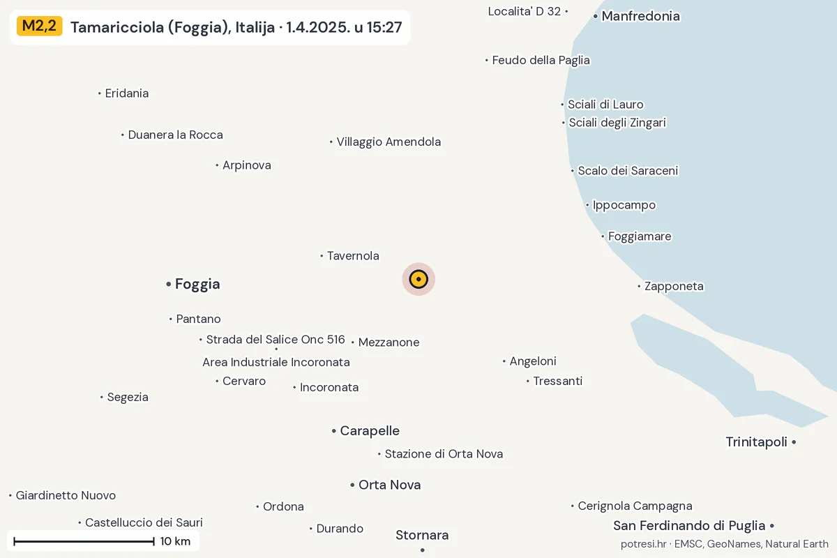 Karta: okolica epicentra, 60 km, potres M2,2, Tamaricciola (Foggia), Italija, 1.4.2025.