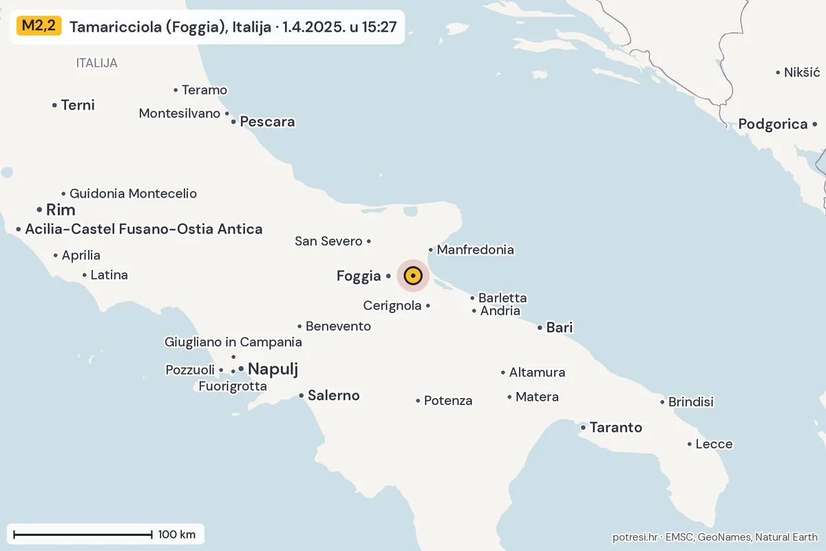 Karta: šire područje, 600 km, potres M2,2, Tamaricciola (Foggia), Italija, 1.4.2025.