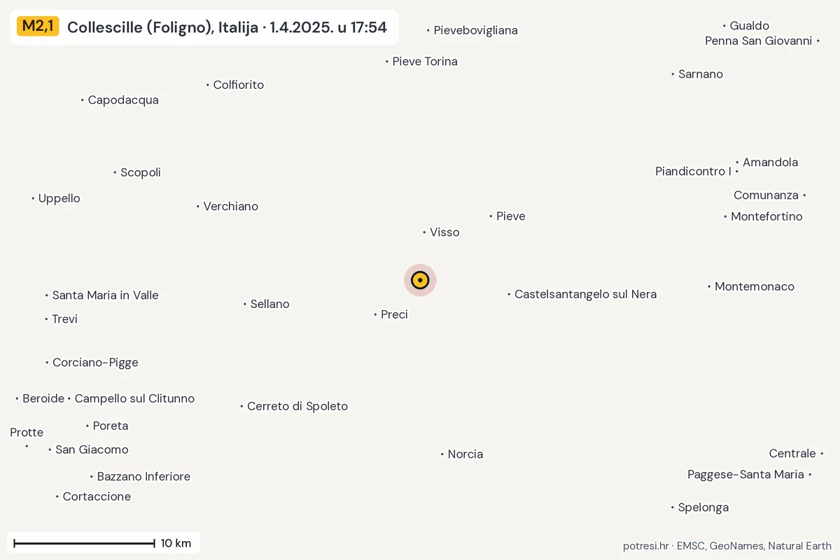 Karta: okolica epicentra, 60 km, potres M2,1, Collescille (Foligno), Italija, 1.4.2025.