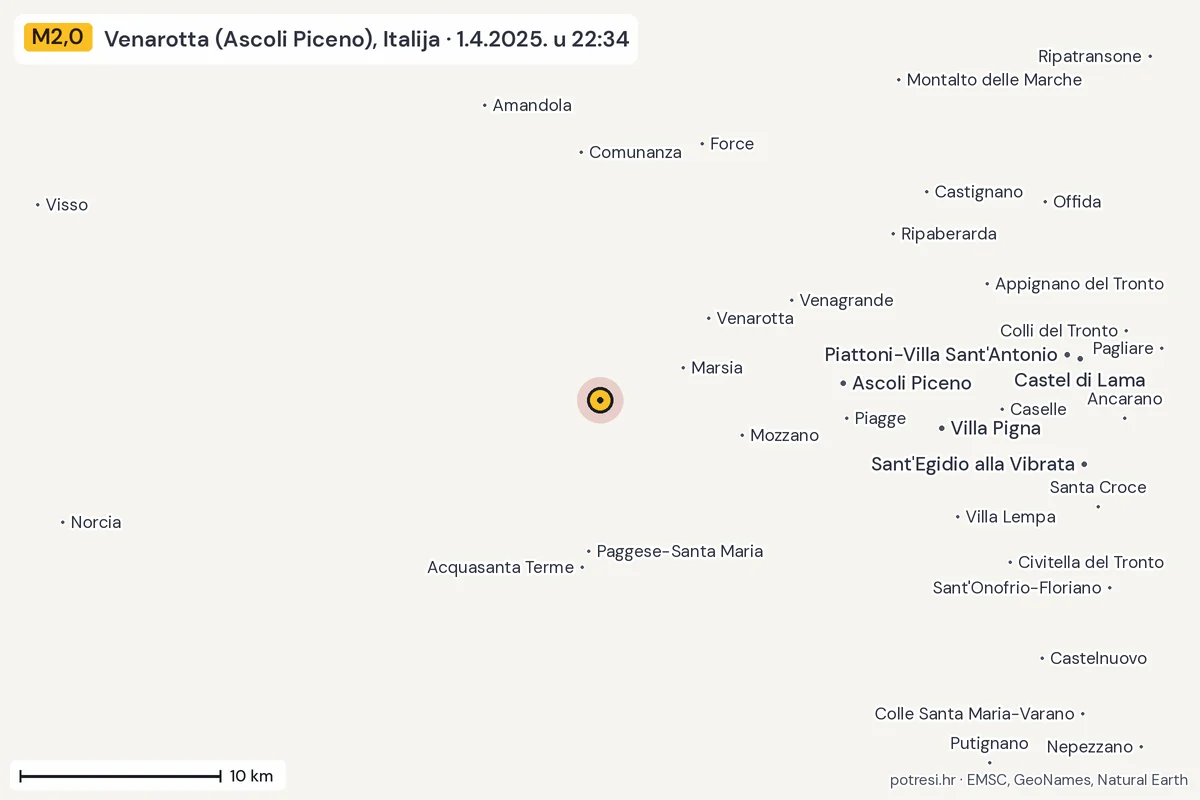 Karta: okolica epicentra, 60 km, potres M2,0, Venarotta (Ascoli Piceno), Italija, 1.4.2025.