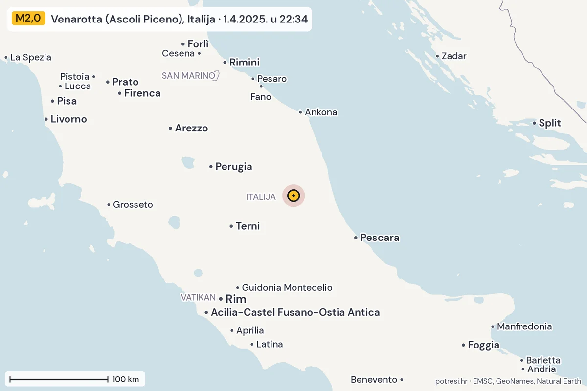 Karta: šire područje, 600 km, potres M2,0, Venarotta (Ascoli Piceno), Italija, 1.4.2025.
