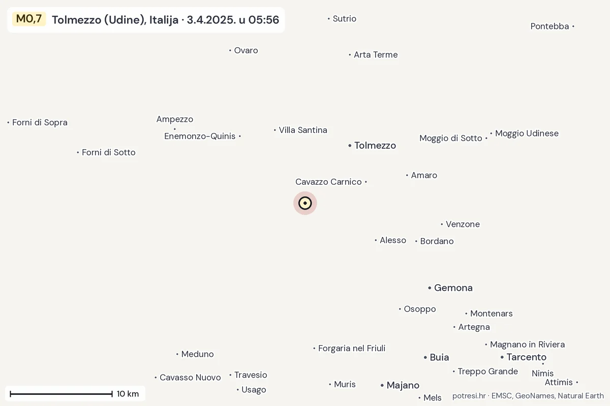 Karta: okolica epicentra, 60 km, potres M0,7, Tolmezzo (Udine), Italija, 3.4.2025.