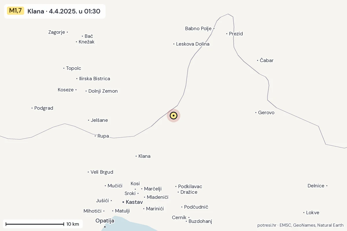 Karta: okolica epicentra, 60 km, potres M1,7, Klana, 4.4.2025.