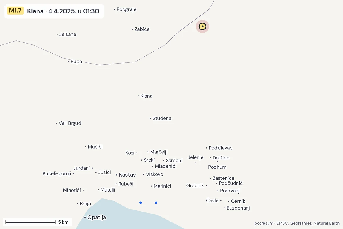 Karta: izvješća građana, potres M1,7, Klana, 4.4.2025.
