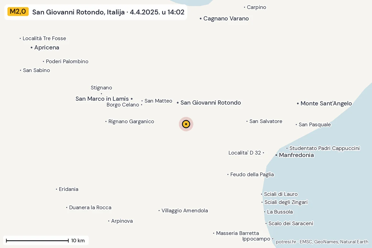 Karta: okolica epicentra, 60 km, potres M2,0, San Giovanni Rotondo, Italija, 4.4.2025.