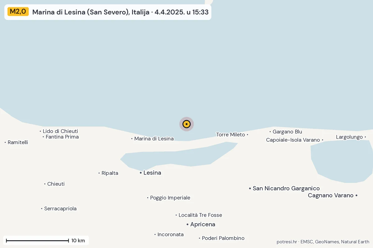 Karta: okolica epicentra, 60 km, potres M2,0, Marina di Lesina (San Severo), Italija, 4.4.2025.