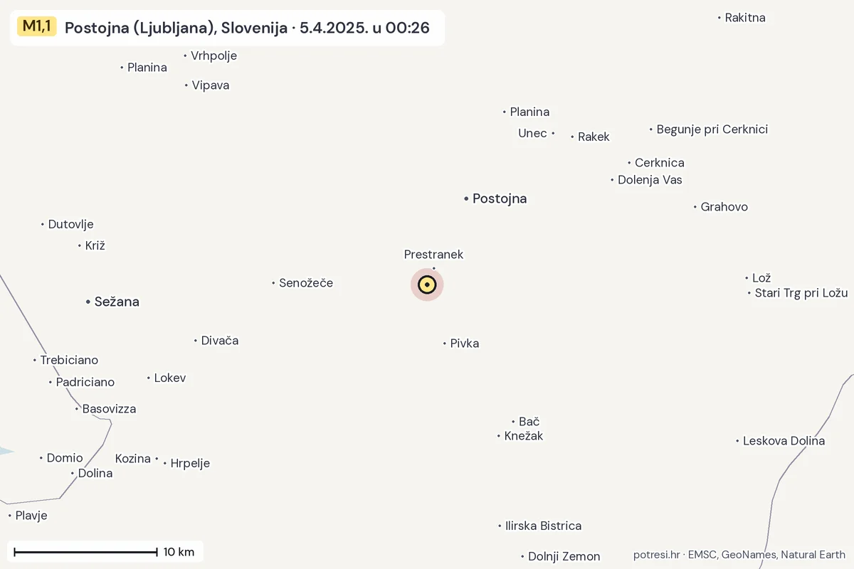 Karta: okolica epicentra, 60 km, potres M1,1, Postojna (Ljubljana), Slovenija, 5.4.2025.