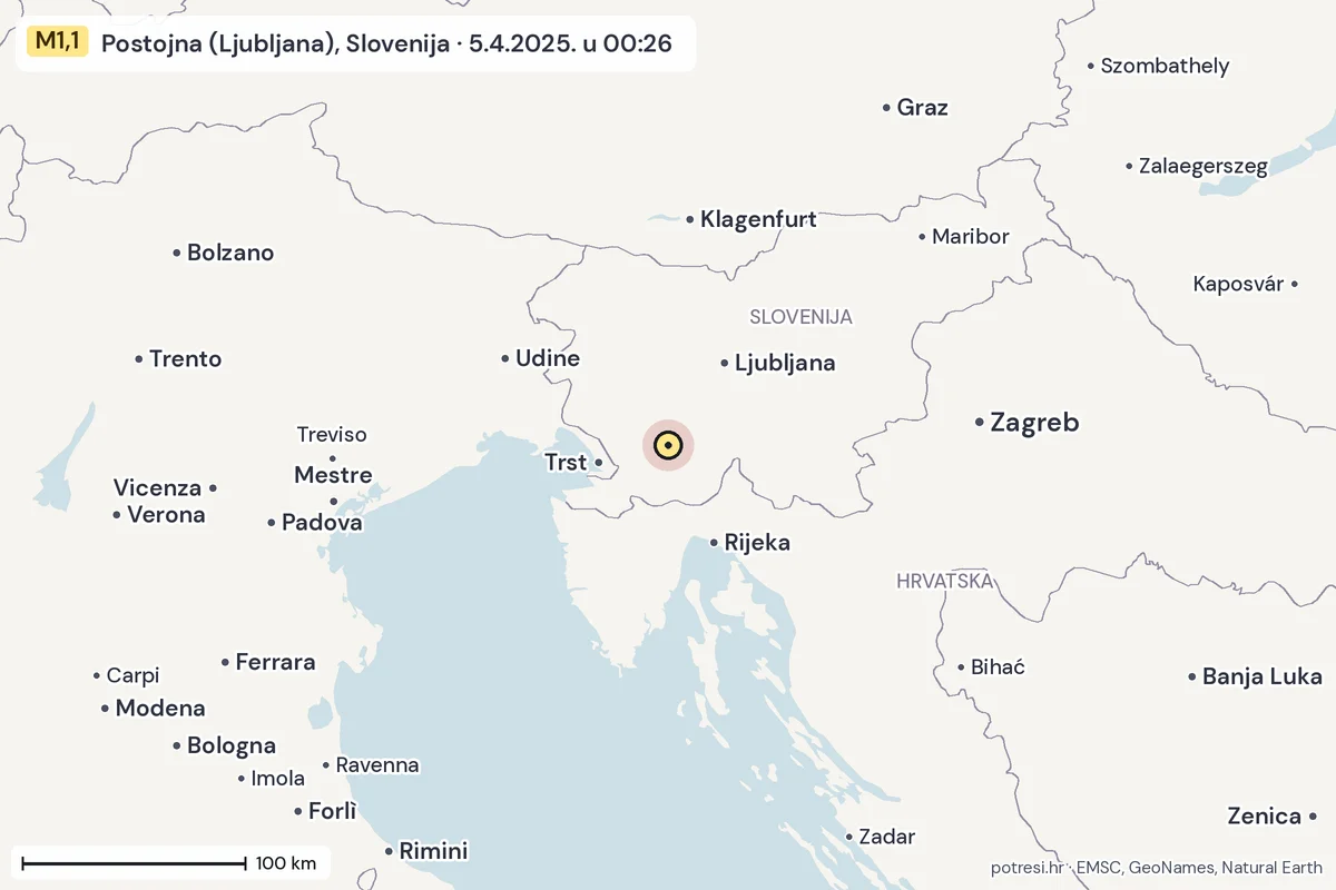 Karta: šire područje, 600 km, potres M1,1, Postojna (Ljubljana), Slovenija, 5.4.2025.