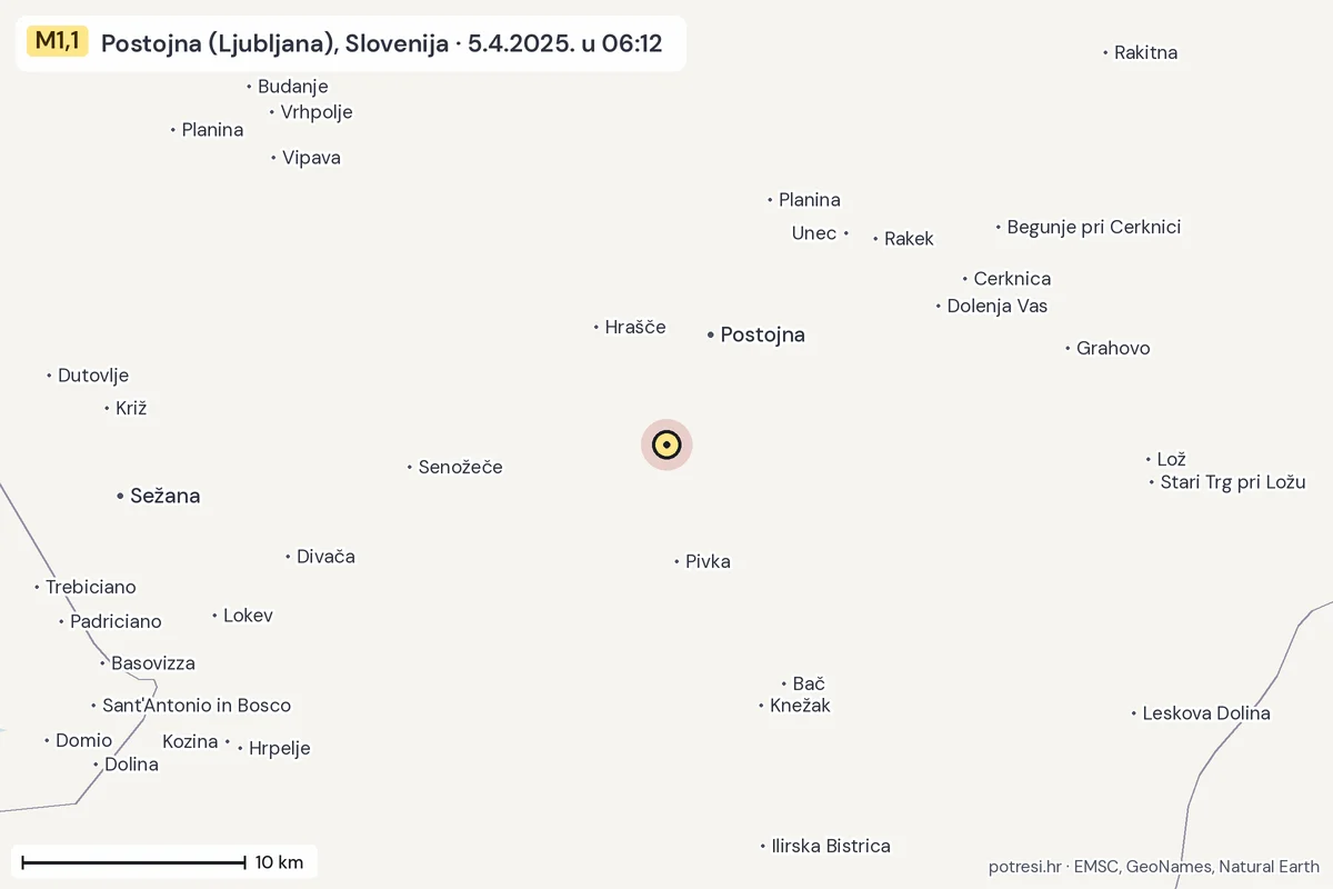 Karta: okolica epicentra, 60 km, potres M1,1, Postojna (Ljubljana), Slovenija, 5.4.2025.